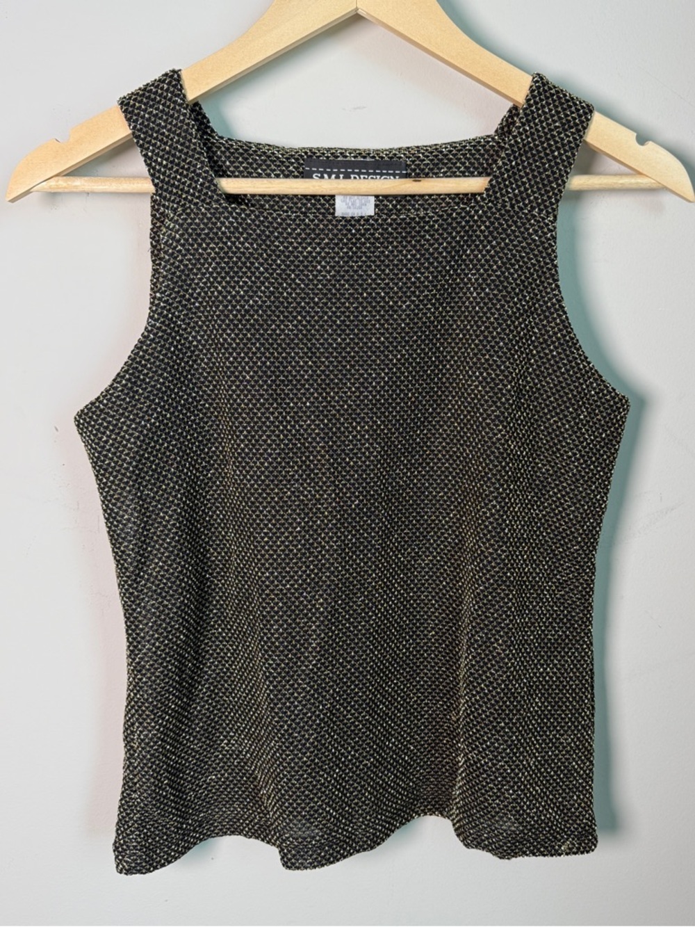 Vintage S.M.L Design Black Gold Metallic Knit Tank Top Size Small Vintage 90s